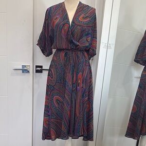 Blue and Purple Midi Sundress with V-Neck and Dolman Sleeves